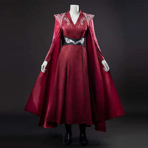 COSFUN Rhaenyra Targaryen cosplay gown layers crimson brocade over deep V-neck anchored by a silver-buckle black belt.