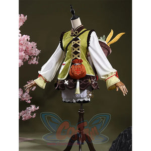 Genshin Impact Yaoyao cosplay costume sets green vest over puff sleeves and brown skirt beside red waist bag and gloves.