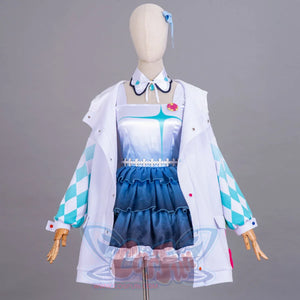 LoveLive! SuperStar!! Liella! Tang Keke cosplay costume sets a white hooded jacket over a blue ruffled skirt dress and hair.