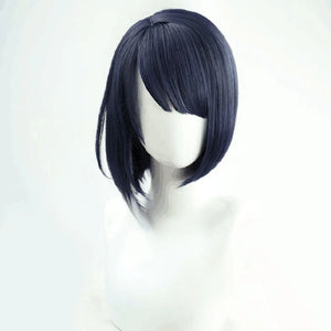 COSFUN Genshin Impact Kujou Sara cosplay wig layers a dark blue asymmetrical bob with long swept bangs.