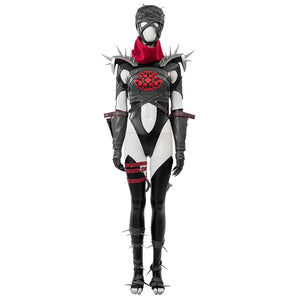 Game Rivals Invisible Woman Malice cosplay costume with black and white base colors, red accents, and spiked shoulder armor and wrist guards on a white background.