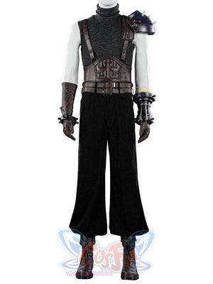 Final Fantasy VII Rebirth FF7R Cloud Strife cosplay outfit balances a patterned chest piece against wide-leg pants.