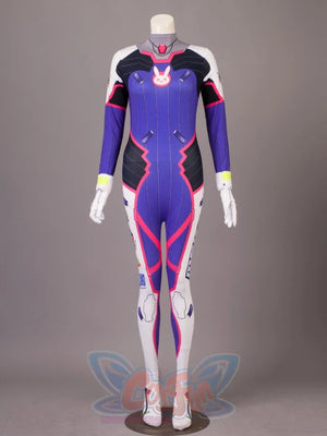 OW D.Va Hana Song cosplay bodysuit layers purple blue and pink geometric sections over logo-printed thighs.