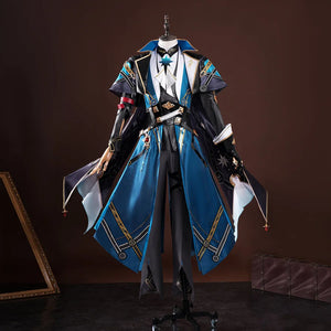 COSFUN Honkai: Star Rail Anaxagoras Anaxa cosplay costume layers an ornate overcoat over a cape and tailored pants.