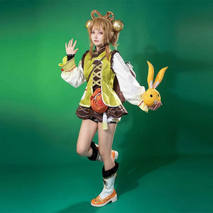 COSFUN Genshin Impact Yaoyao cosplay costume layers lime green vest over white bishop-sleeved blouse.