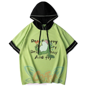 Front view of green Frog Printed Short Sleeve Hooded Sweatshirt with black hood and butterfly design