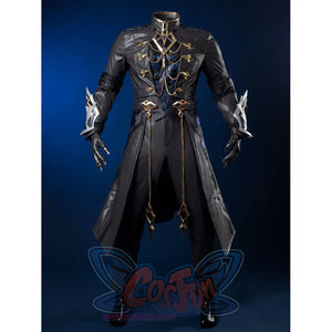 Genshin Impact Il Capitano cosplay costume pairs dark grey long coat with blue vest and gold chain detail.