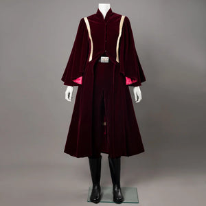 COSFUN Halloween Padme Amidala cosplay robe layers dark velvet over matching trousers anchored by a bold gold-buckle belt.