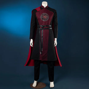 COSFUN Jacaerys Velaryon cosplay robe layers maroon cape pinned over black tunic and belt.