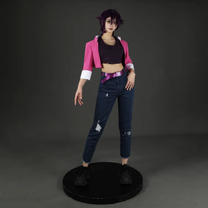COSFUN Fantastic Four Invisible Woman Susan Storm cosplay costume layers pink jacket over ripped jeans anchored by a magenta.