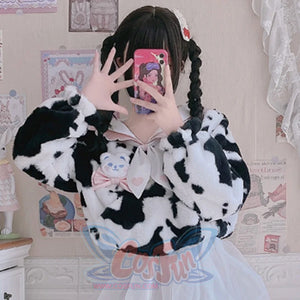 Autumn Winter Lovely Cow Lolita Woolen Hoodie - cosfun