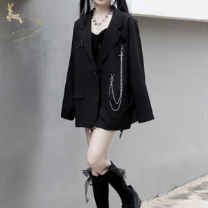Black Suit Jacket Loose Chain Harajuku Style Casual Street Long Sleeve S20624