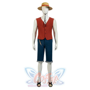 Japanese Anime Monkey D. Luffy cosplay costume sets a red vest and fringed denim shorts beside black sandals.