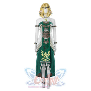 The Legend of Zelda Tears of the Kingdom Princess Zelda cosplay gown frames beaded belt beneath gold graphic tiara.