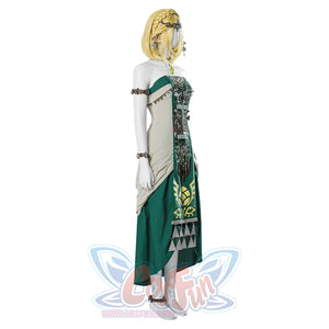 The Legend of Zelda Tears of the Kingdom Princess Zelda cosplay off-shoulder dress pairs gold patterns beside green necklace.