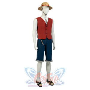 Japanese Anime Monkey D. Luffy cosplay set pairs a button-front red vest and fringed shorts with strapped sandals.