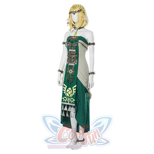 The Legend of Zelda Tears of the Kingdom Princess Zelda cosplay sleeveless dress anchors headpiece above arm cuff set.