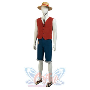 Japanese Anime Monkey D. Luffy cosplay outfit anchors a yellow waist tie between the red vest and frayed shorts.