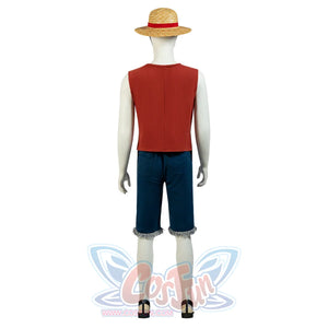 Japanese Anime Monkey D. Luffy cosplay costume frames a rear view of the red top above dark blue fringed shorts.