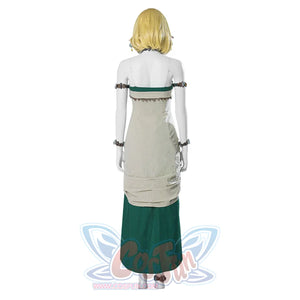 The Legend of Zelda Tears of the Kingdom Princess Zelda cosplay off-shoulder dress layers brown accent straps.