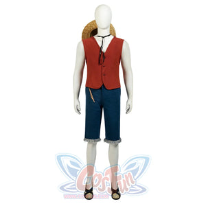 Japanese Anime Monkey D. Luffy cosplay full set centers the straw hat above a red vest and blue fringed shorts.