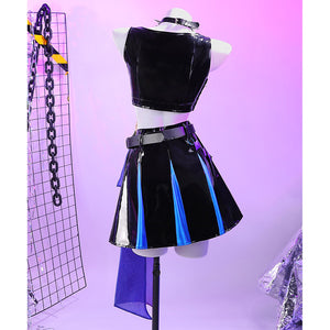 Back view of the Guinevere punk costume showing the shiny black crop top and the black-blue-purple patched mini skirt.