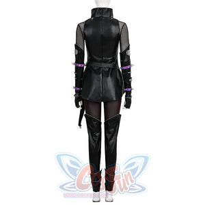 Back view of Mira cosplay costume killer black suit with black pleather top, high collar, mesh panels, studded arm accessories, purple accents