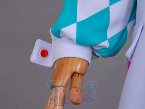 LoveLive! SuperStar!! Liella! Tang Keke cosplay costume sleeve close-up traces a teal and white checkered cuff detail at the.