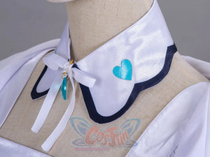LoveLive! SuperStar!! Liella! Tang Keke cosplay collar close-up frames a turquoise heart applique above a white ribbon.
