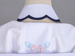 LoveLive! SuperStar!! Liella! Tang Keke cosplay costume back view traces a navy blue wavy trim detail along a white collared.