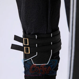 Clair Obscur: Expedition 33 Gustave cosplay pants cuff anchors three black buckle straps beside silver decorative stitching.