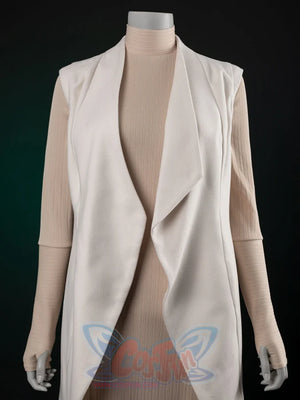 The Acolyte Mon Mothma cosplay dress sets a light pink ribbed high-neck long-sleeve piece alongside a white open-front vest.