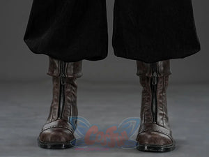 Final Fantasy VII Rebirth FF7R Cloud Strife cosplay boots drop studded brown mid-calf zip boots beneath wide black trouser.