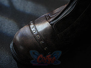 Final Fantasy VII Rebirth FF7R Cloud Strife cosplay boot detail anchors a studded strap alongside a dark brown side zipper.