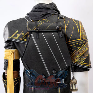 Clair Obscur: Expedition 33 Gustave cosplay back view layers shoulder armor and lantern over gold-trimmed robe.