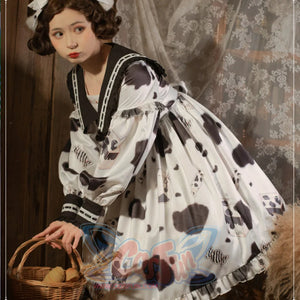 Lovely Cow Printed Lolita Long Sleeve Dress - cosfun