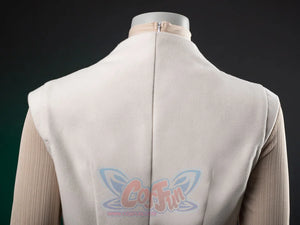 The Acolyte Mon Mothma cosplay vest layers a light beige felted collarless piece over a tan ribbed zip-neck long-sleeve top.