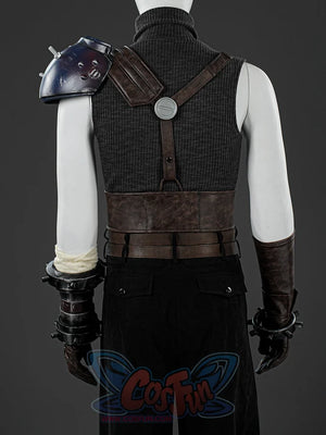 Final Fantasy VII Rebirth FF7R Cloud Strife cosplay costume gathers back harnesses and white wrist wraps around the.