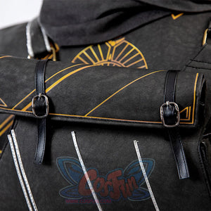 Clair Obscur: Expedition 33 Gustave cosplay leg guard anchors yellow diagonal graphic beneath two black buckle straps.