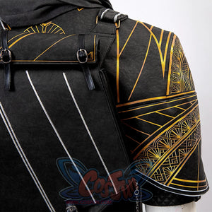 Clair Obscur: Expedition 33 Gustave cosplay shoulder cape traces gold art deco line patterns over buckled black sleeve.