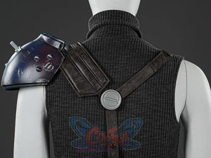 Final Fantasy VII Rebirth FF7R Cloud Strife cosplay back view centers purple-blue metallic pauldrons over brown leather.