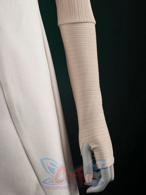 The Acolyte Mon Mothma cosplay sleeve detail traces a long beige ribbed cuff alongside an adjacent layered garment edge.