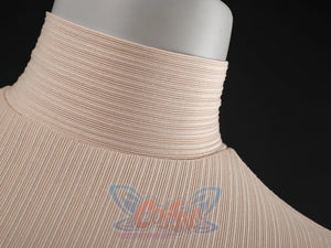 The Acolyte Mon Mothma cosplay shirt sets a tan ribbed mock turtleneck piece alongside a subtle red graphic detail.