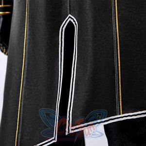 Clair Obscur: Expedition 33 Gustave cosplay coat hem frames U-shaped vent bordered by silver-striped trim and white edge.