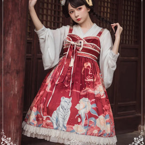Chinese Style High Waist Lolita Jumper Skirt Wine Red / S