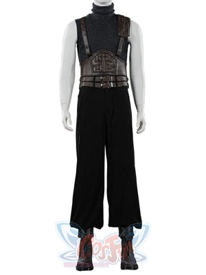 Final Fantasy VII Rebirth FF7R Cloud Strife cosplay full look pairs brown leather harnesses against dark blue trouser cuffs.