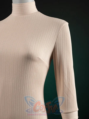 The Acolyte Mon Mothma cosplay top frames a beige vertically ribbed mock-neck long-sleeve silhouette in a single-item view.
