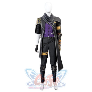 Clair Obscur: Expedition 33 Gustave cosplay full set gathers coat, armor pieces, grey pants, gloves and purple vest panels.