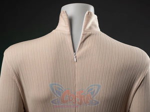 The Acolyte Mon Mothma cosplay shirt anchors a beige ribbed high-neck long-sleeve silhouette with a front center zipper.