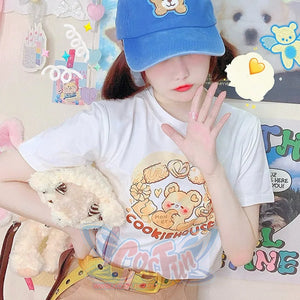 Japanese Cartoon Printed Short-sleeved Top Short Top / Bear / One Size